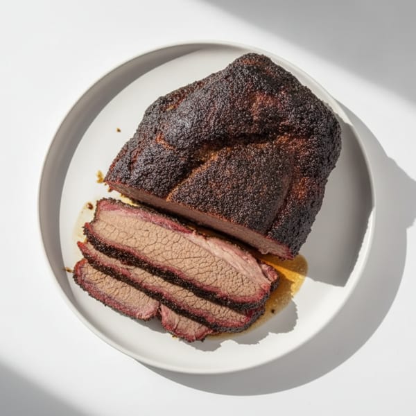 A whole smoked brisket, partially sliced, with a dark crust and pink interior on a white plate.