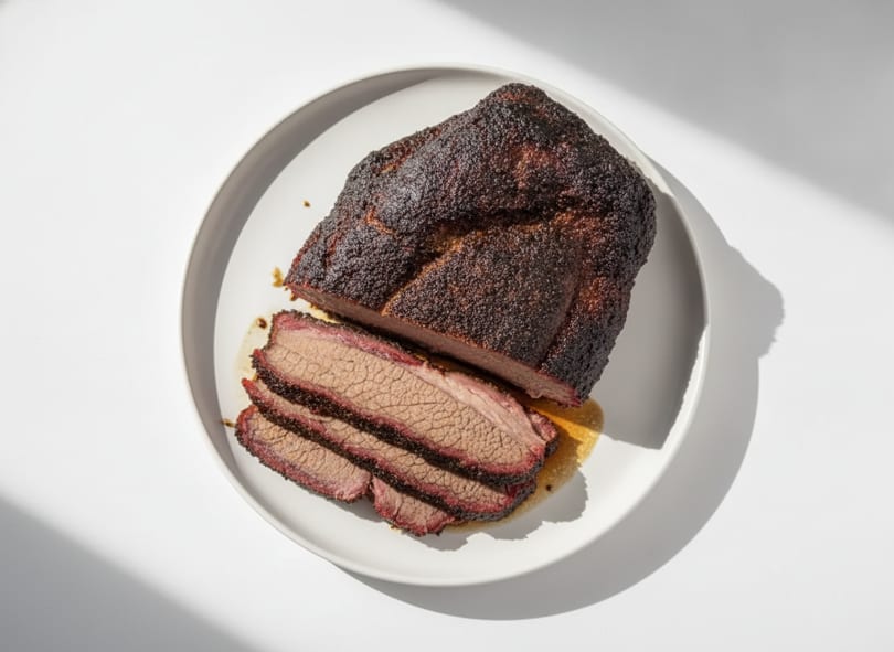A whole smoked brisket, partially sliced, with a dark crust and pink interior on a white plate.