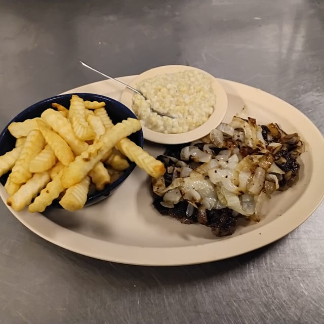 Hamburger Steak with Grilled Onions & 2 Sides.